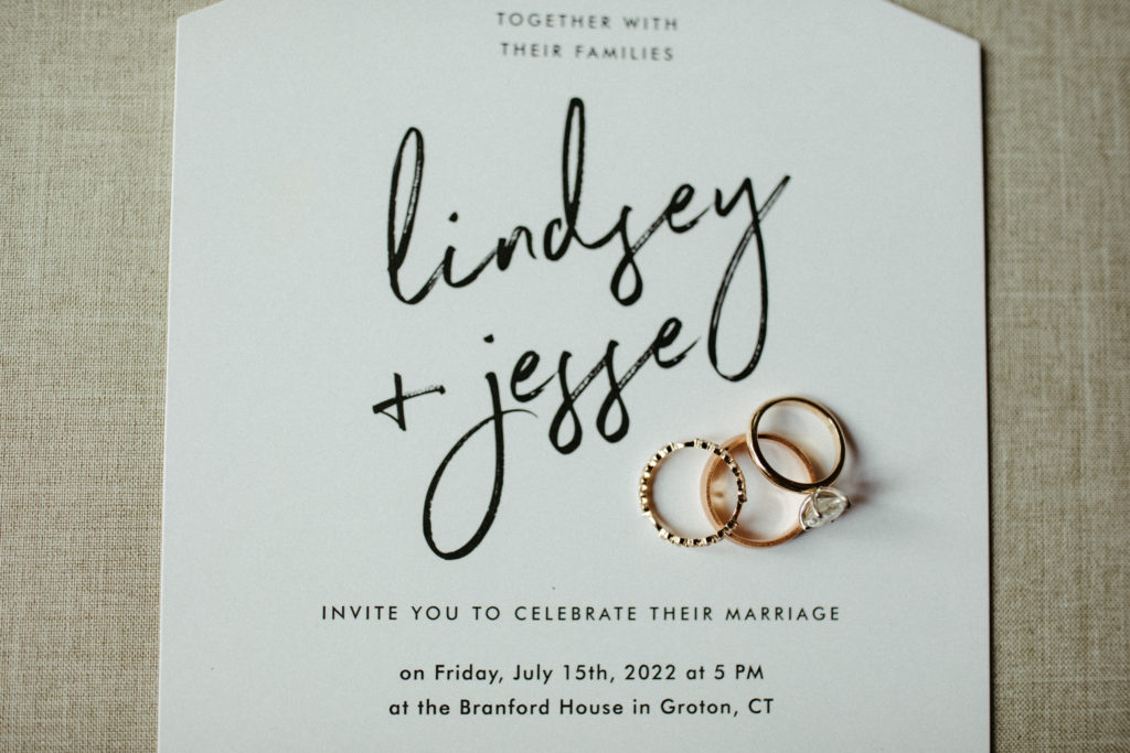 A wedding invitation with wedding rings.