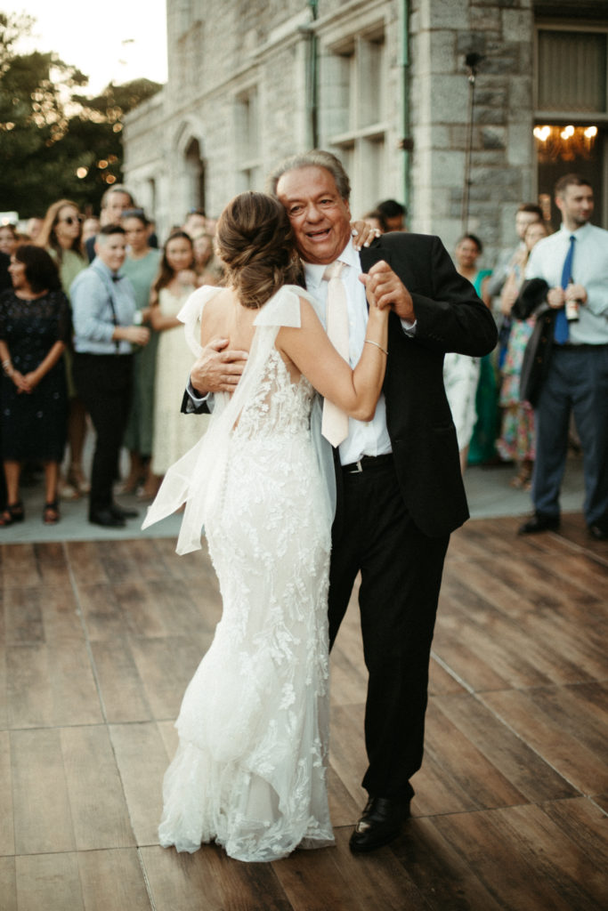A bride and her father dance at a Branford House Mansion Wedding.