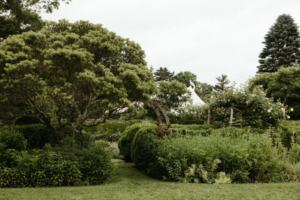 Garden ceremony arch framed by roses and greenery at a Stone Acres Farm wedding in Connecticut
